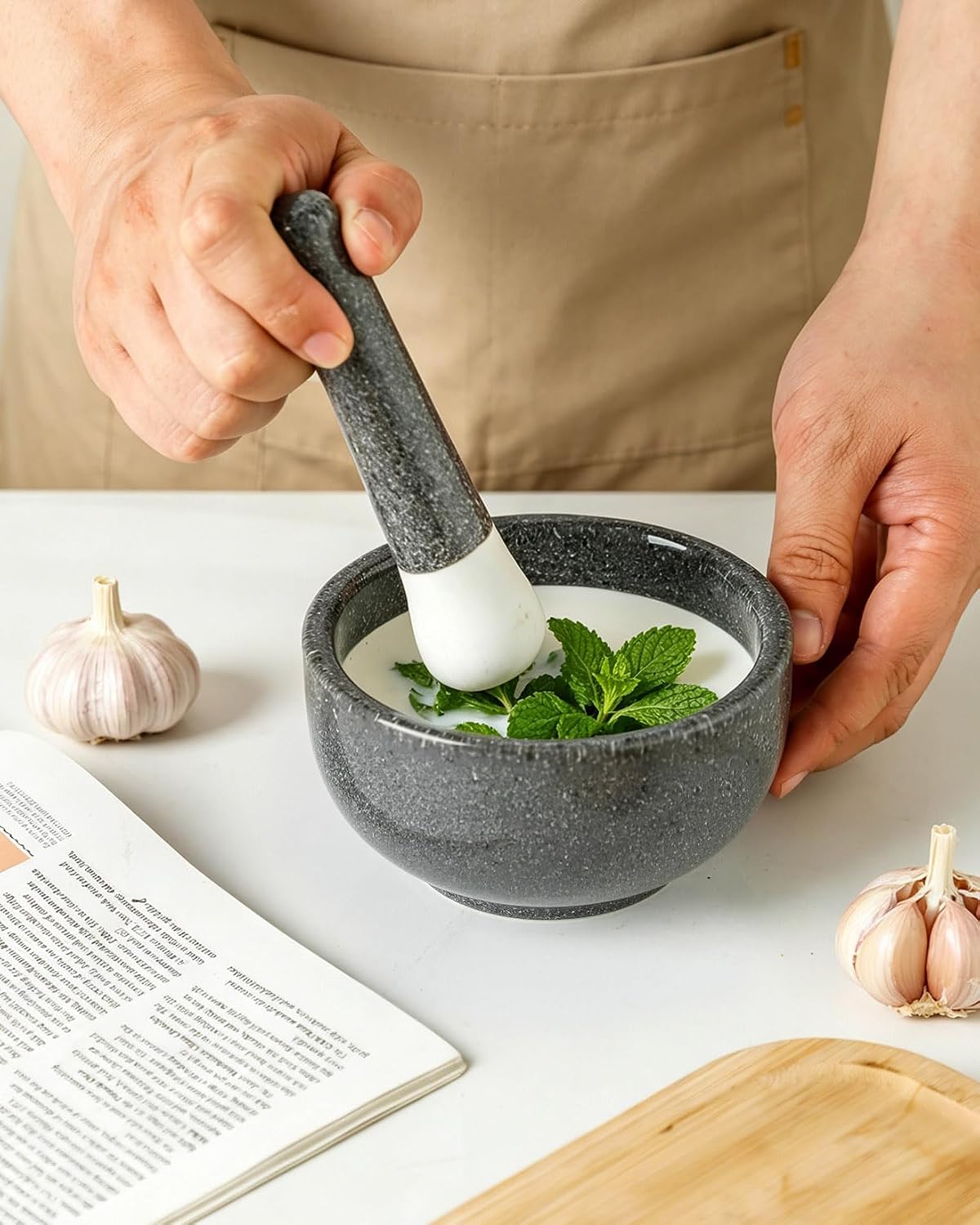 Mortar and Pestle Set, 4.8 inch Ceramic Spice Herb Grinder Pill Crusher Set, Grinding Bowl for Herb, Garlic, Avocado, Pepper, Marble Grey