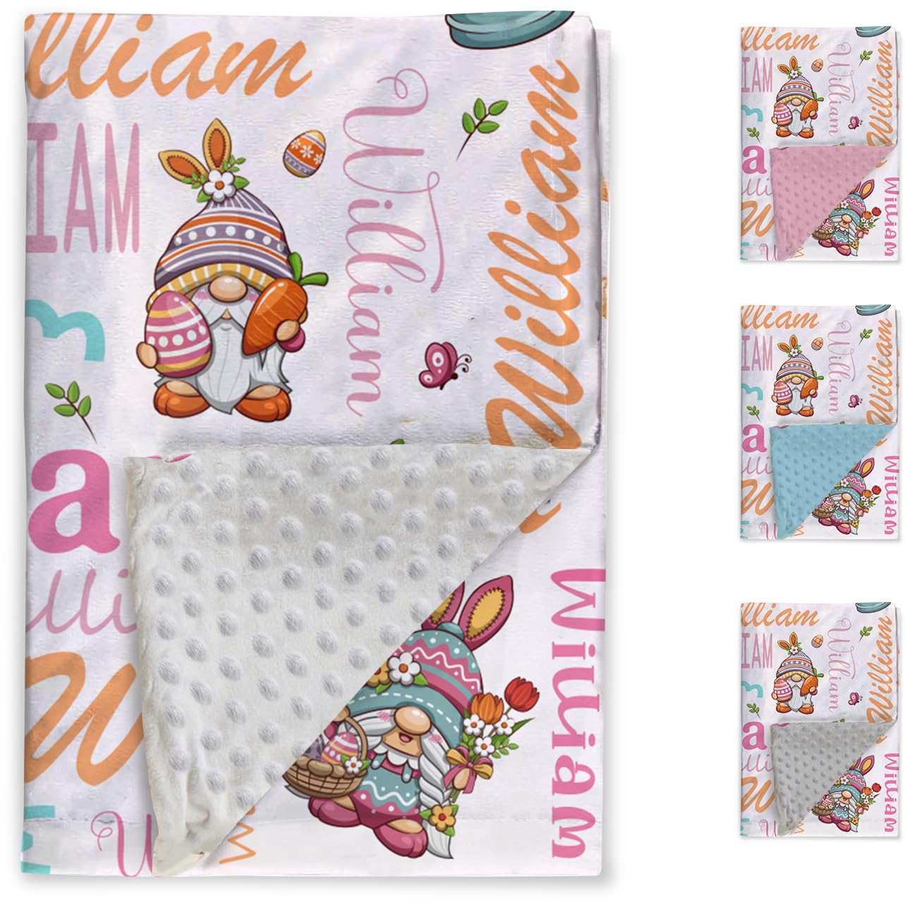 Duckbe Personalized Name Blanket - Custom Happy Easter Gifts with Rabbit Bunny Eggs Carrot Leprechaun Design - Soft Flannel Bed Throw Blanket with Double Layer Dotted Backing Color10