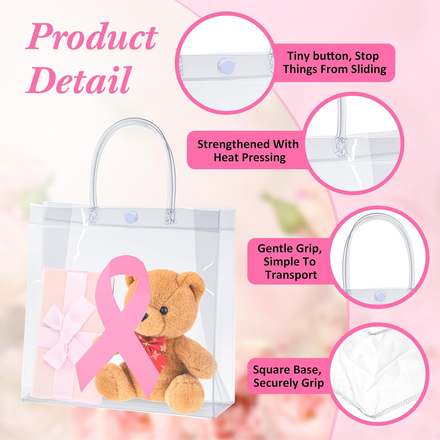 Gaillty 24 Pcs Pink Ribbon Breast Cancer Awareness Clear Gift Bags with Handles Clear Plastic Goodie Bags PVC Transparent Reusable Treat Handbags for Holiday Party Storage Organizer - Image 3