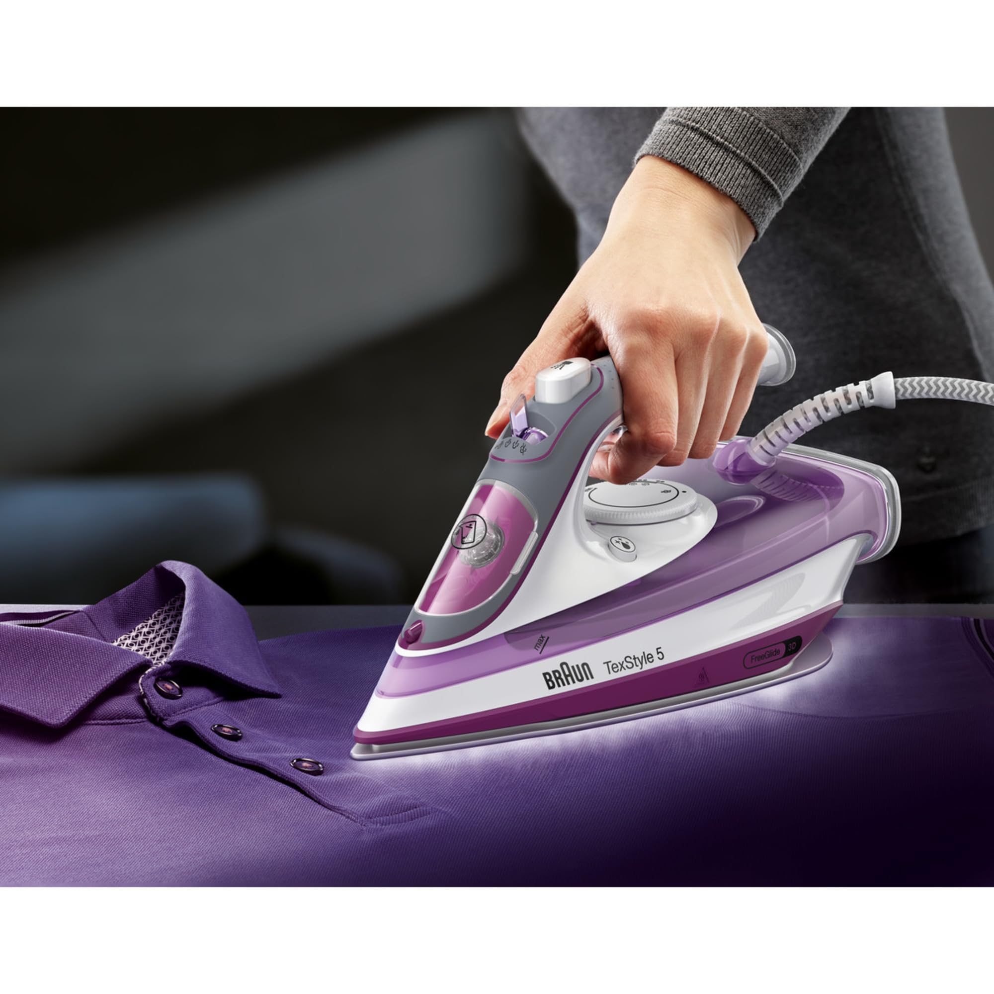 Braun TexStyle 5 SI 5037 VI żelazko parowe z stopą żelazka 3D Freeglide, pionowa para, 2700 W, uderzenie pary 200 g/min, zbiornik na wodę 330 ml, fioletowe
