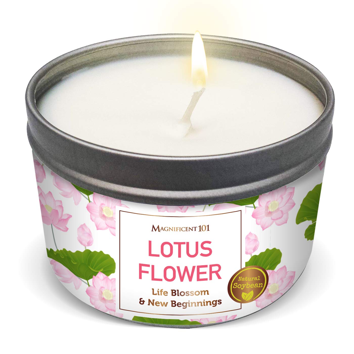 Magnificent 101 Long Lasting Lotus Flower Aromatherapy Candle - 6 Oz - 35 Hour Burn Time - ‎Sage & Bergamot Scented Soy Wax Smudge Candle for New Beginnings, Purification & Manifestation