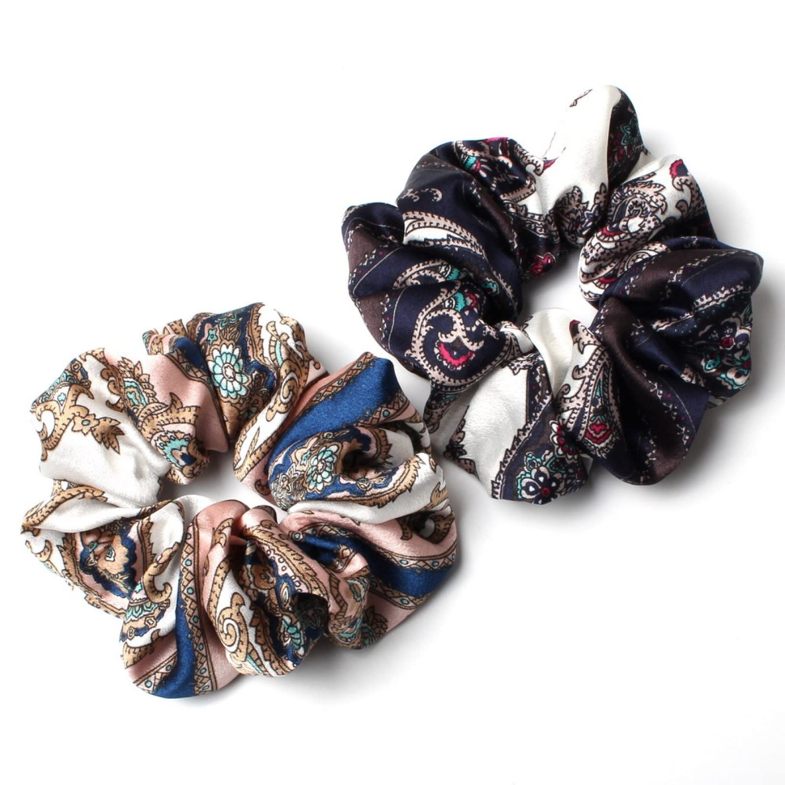 ACiyD Paquete de 2 coleteros de satén Retro para Mujer, coleteros con Estampado de Cadena, Lazos para el Pelo, Gomas elásticas Anchas para el Pelo, tocados, Color E (Color E)