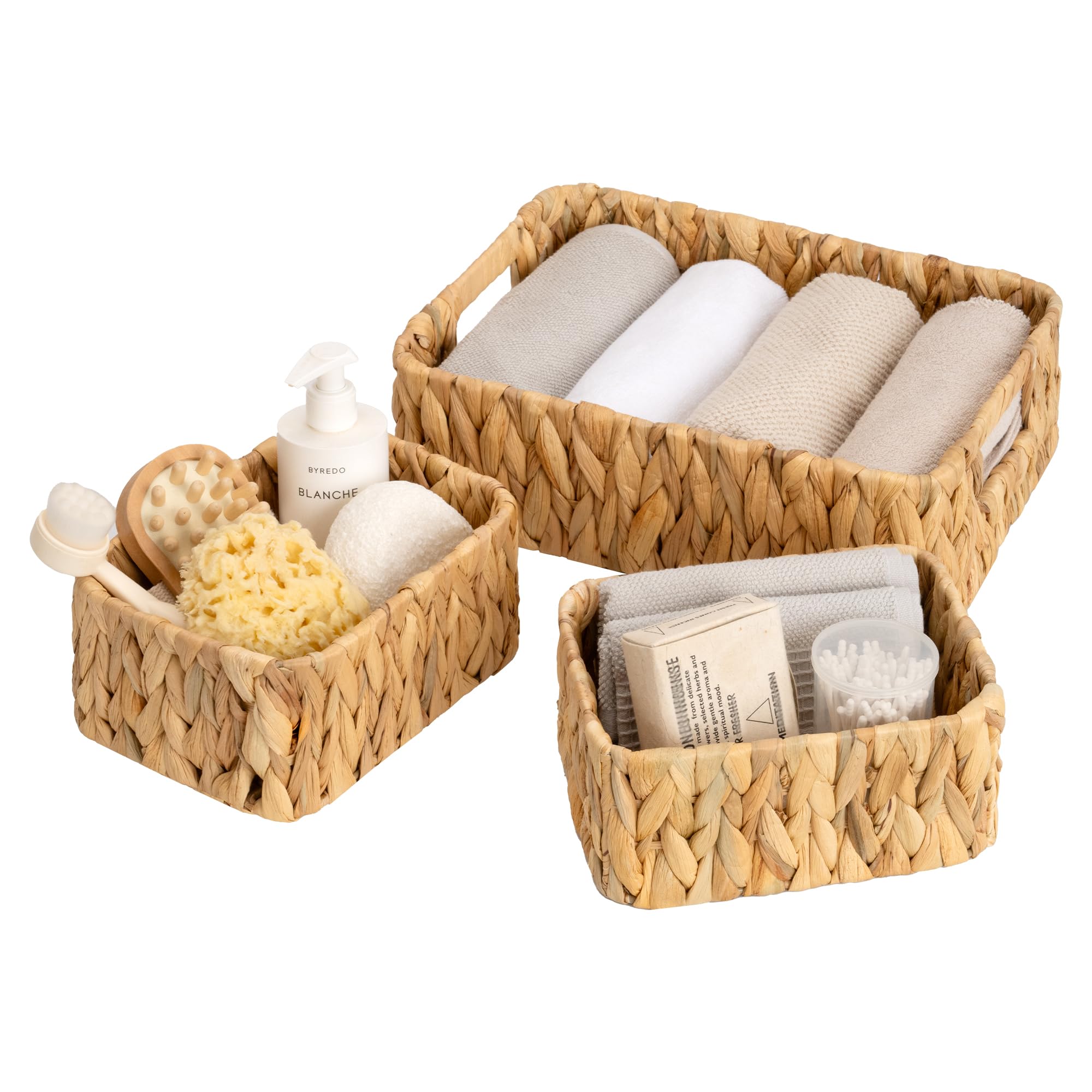 GRANNY SAYS Water Hyacinth Storage Basket, Decorative Wicker Storage Baskets, Pack of 3 Wicker Baskets for Shelves, 1 Large Wicker Basket and 2 Small Storage Baskets for Gifts