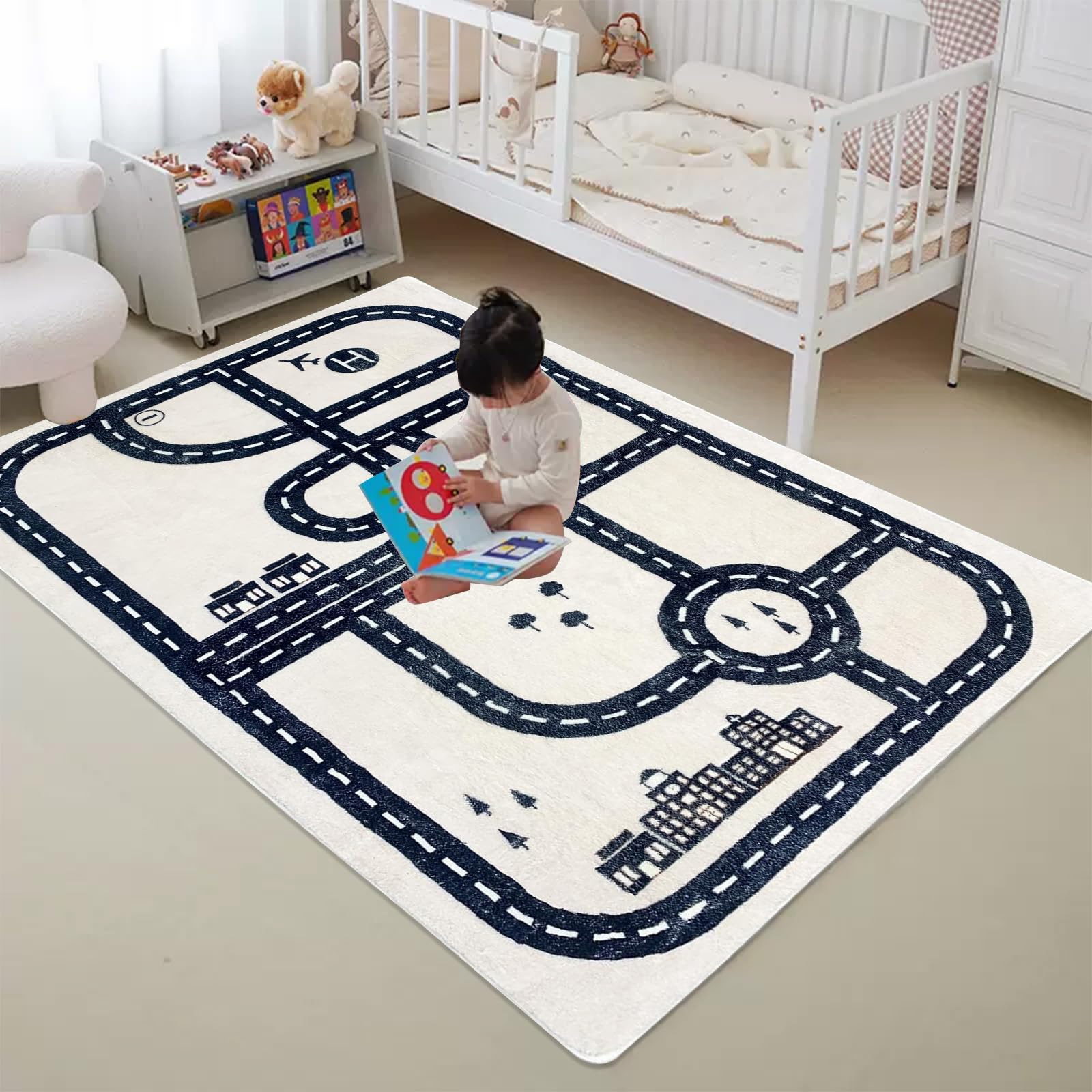 USTIDE Kids Rug City Roads Map Tracks Play Mat for Playing with Cars Soft Non-Slip Traffic Rug for Bedroom Playroom Classroom Nursery Educational Rug, 5x7ft