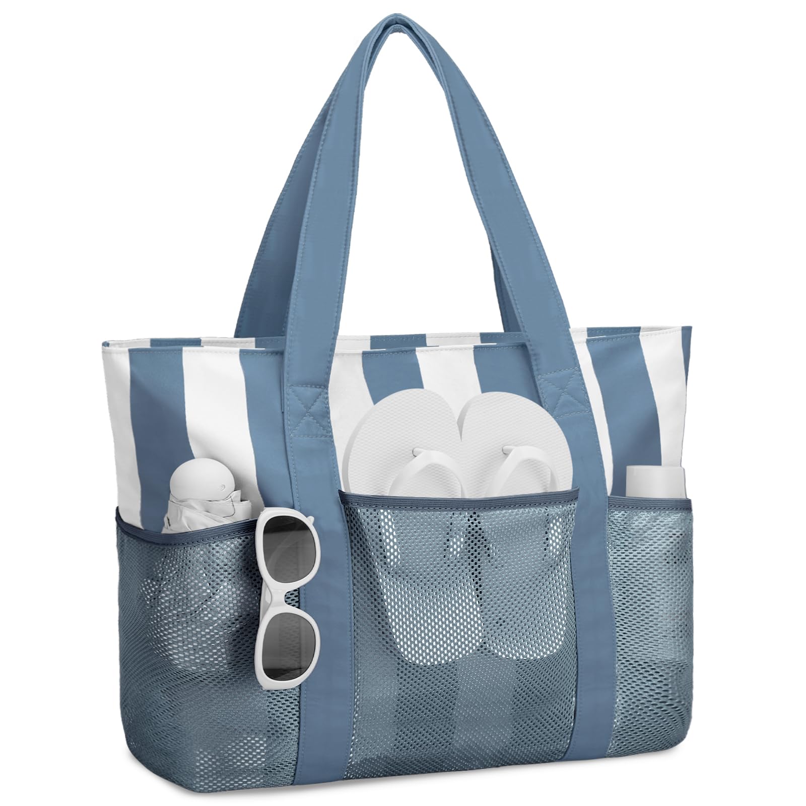 VASCHY Beach Bag for Women, Foldable Waterproof Sandproof Beach Tote with Zipper/Mesh Pockets for Vocation/Cruise/Gym/Travel