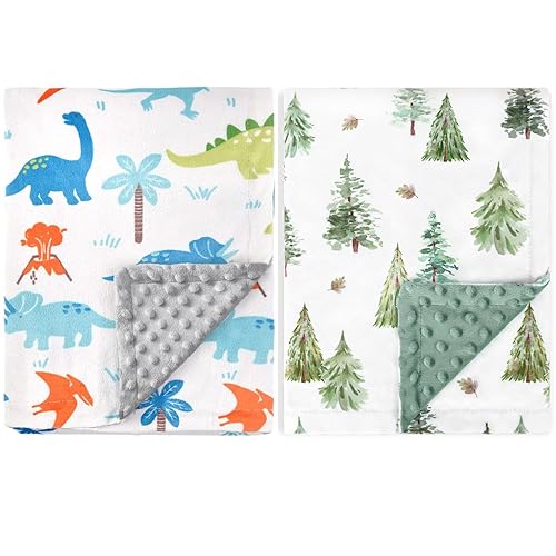 HOMRITAR Manta de bebé para niños, manta de visón súper suave con respaldo de puntos, manta para niños pequeños con dinosaurios y pino verde, 30 x