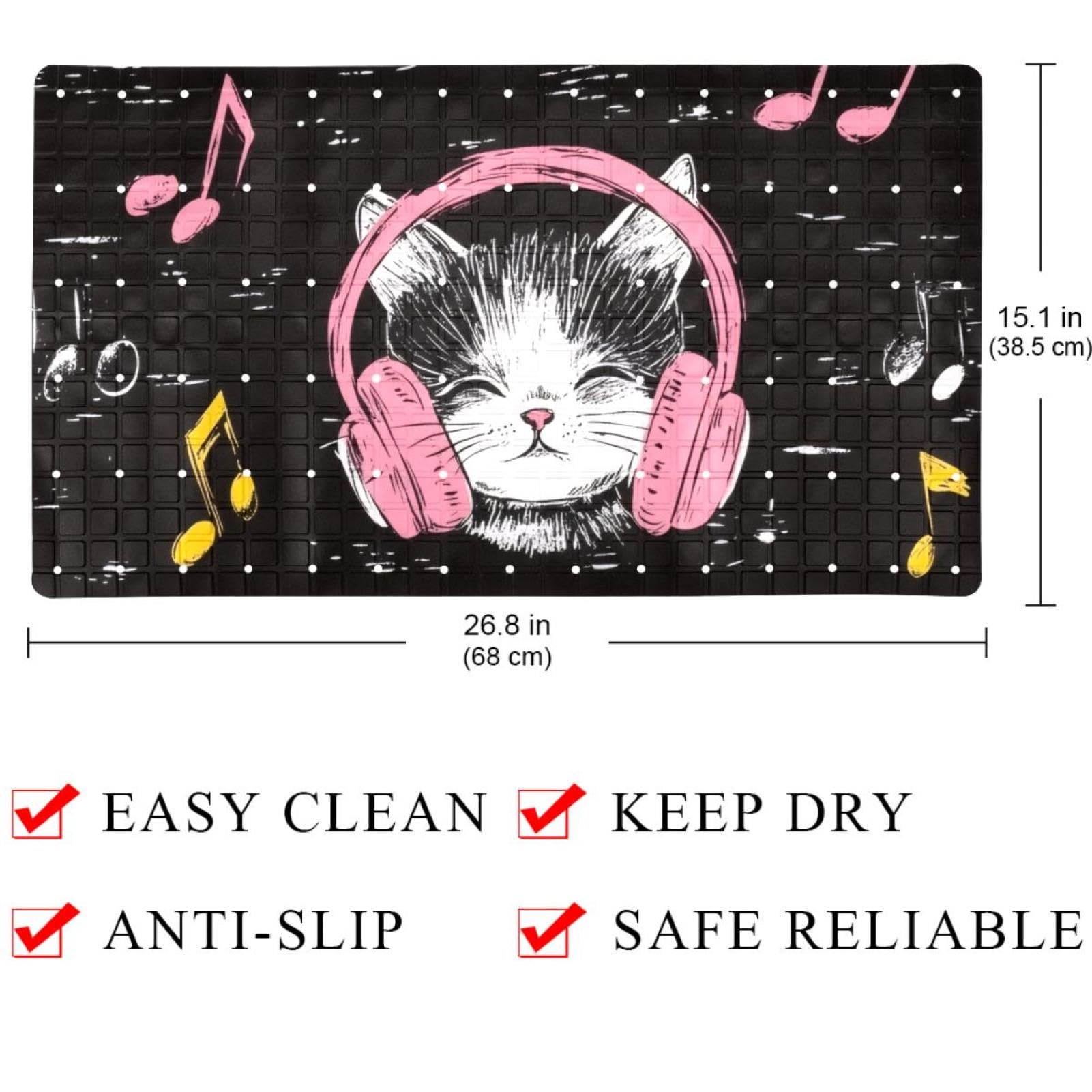 Badematte für die Badewanne, Motiv: niedliche Katzen, Kätzchen, die Musik hören, mit Kopfhörern, rutschfest, rechteckig, Duschmatte mit Saugnäpfen, maschinenwaschbar, 39,9 x 70,9 cm