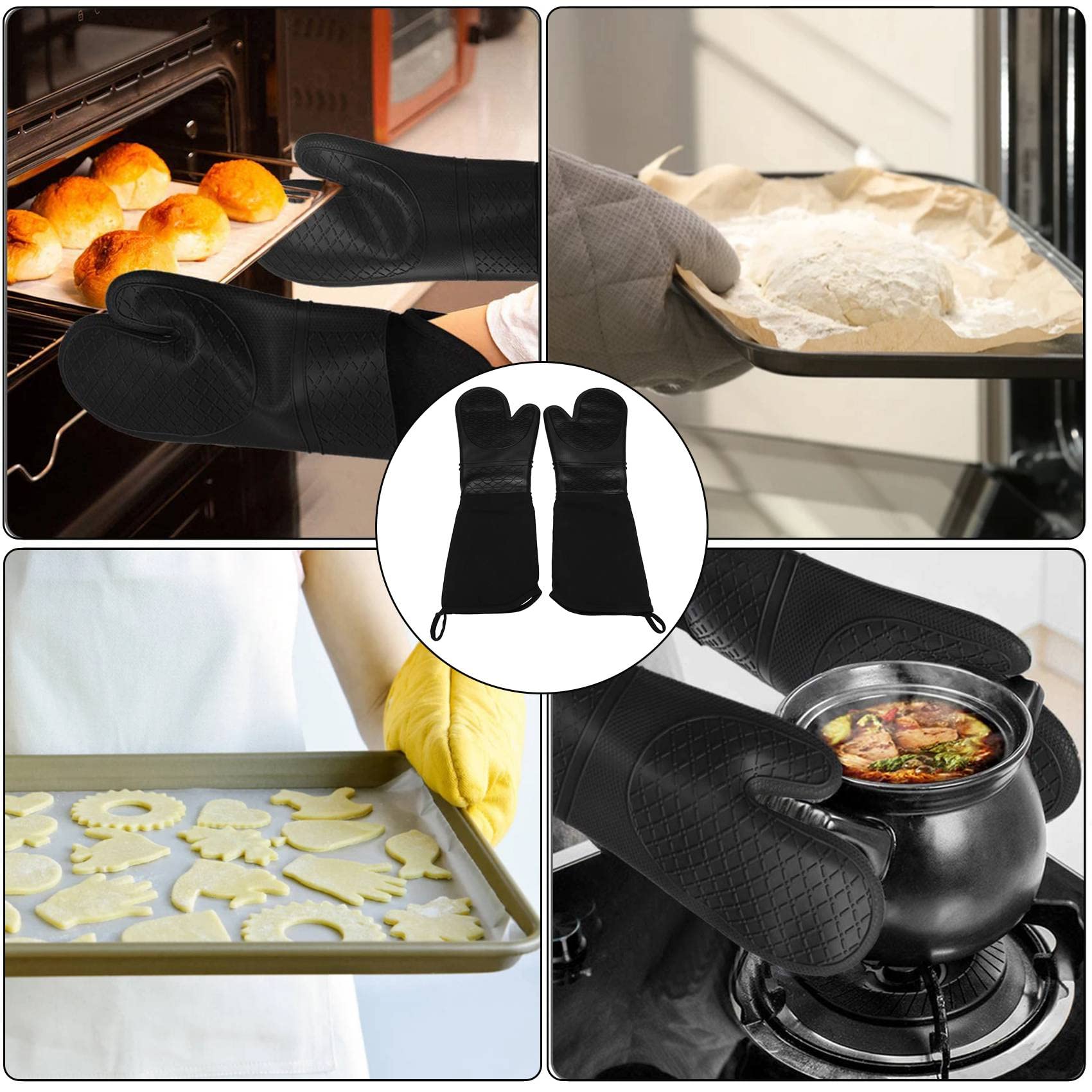 Extra Lange Silikon Topf Lappen Hoch Leistungs Topf Lappen für Den Gewerblichen Einsatz BestäNdige Grill Handschuhe mit Gestepptem Baumwoll Futter 2 Pack
