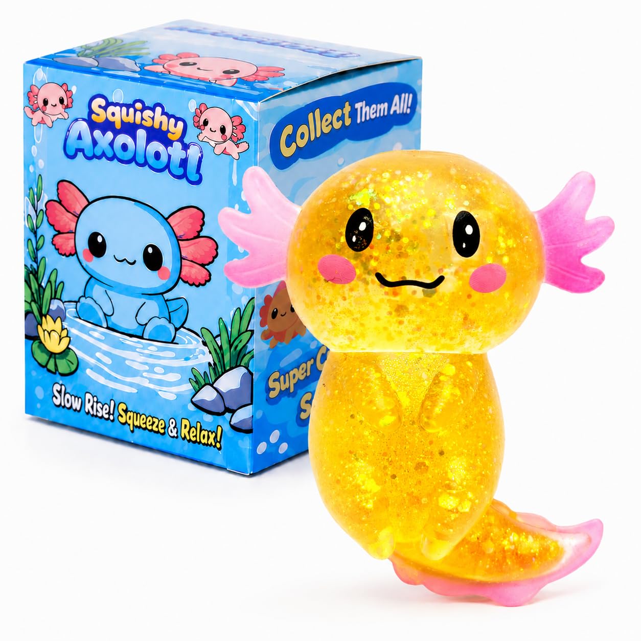 Axolotl Squishy Stress Ball, Soft TPR Slow Rising Squeeze Toy, Cute Axolotl Fidget Toy for Stress Relief, Anxiety Calming Sensory Toy for Kids Adults(Orange Long tail Axolotl)