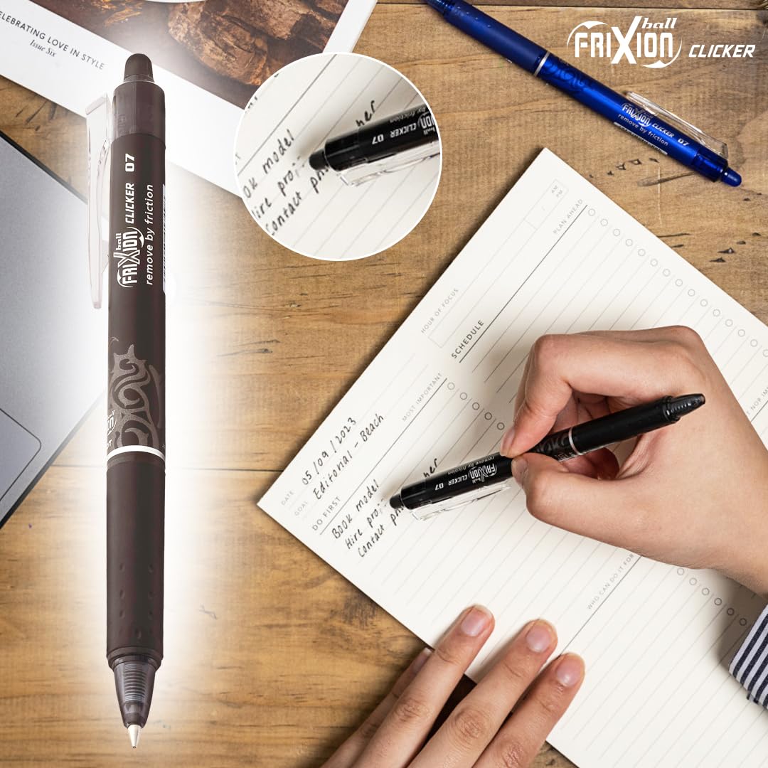 Pilot Frixion Clicker 0.7mm Fine Point Roller Ball Pen with Comfortable Dimpled Grip & Inbuild Eraser | Black Ink, 1 pcs - Image 6 thumbnail