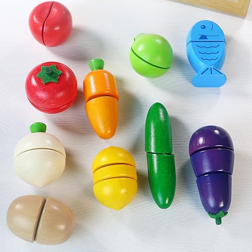 Miniatura 6 de Dailyfunn - Juego de alimentos de madera para niños, juego de cocina Montessori con caja de almacenamiento