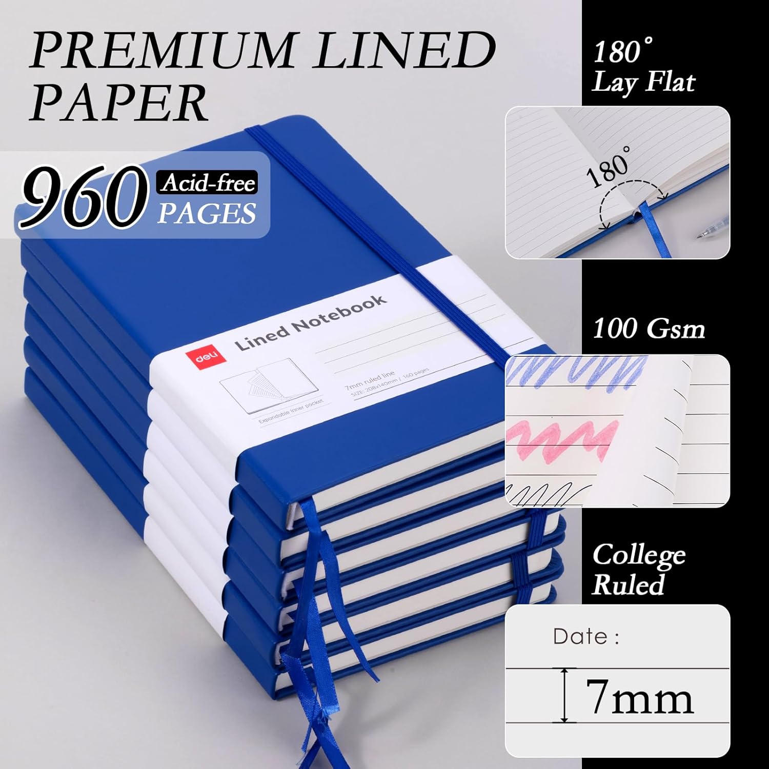deli 6 Pack Blue Lined Journal Notebook for Work, Moleskine Notebooks, A5 (5.5"x8.3"), 160 Pages Hardcover Journaling Notebooks, Blue College Ruled Notebooks for Notes-taking/Work/Travel