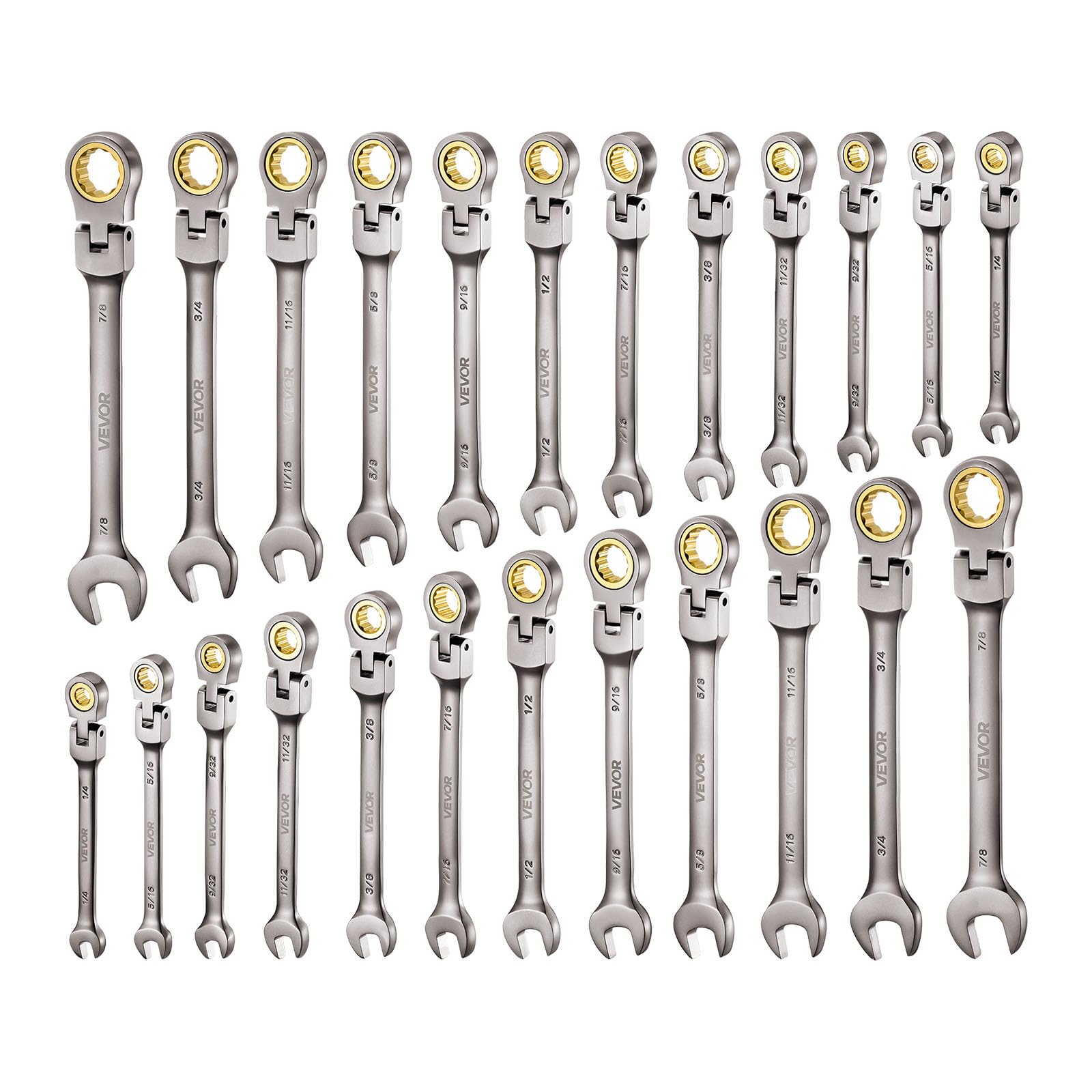 VEVOR Set di Chiavi Combinate a Cricchetto 24 Pezzi, Set di Chiavi a Cricchetto con Misure Metriche e SAE, Testa Snodata a 180°, Meccanismo a 72 Denti, con Custodia per Uso Casa e Auto, Nichel Grigio