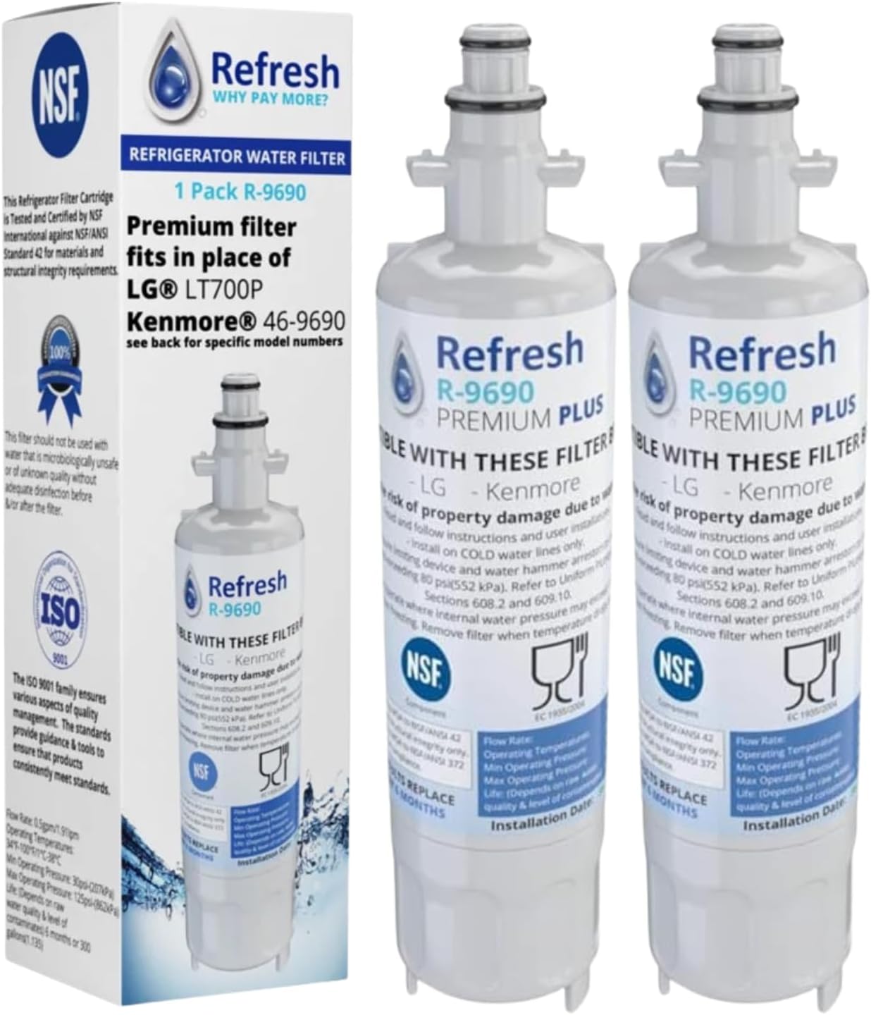 Refresh NSF-53 Premium Refrigerator Water Filter, Compatible with Kenmore 46-9690