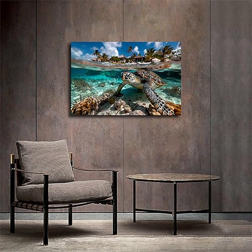 Miniatura 3 de Póster de tortuga marina verde nadando a través de los rayos del sol, fotos de tortugas marinas, imagen impresa en alta definición, póster retro