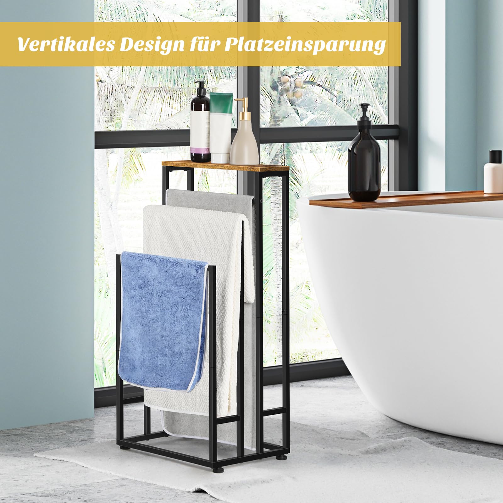 3 Niveaux Porte Serviette Salle de Bain Porte Serviette sur Pied Marron