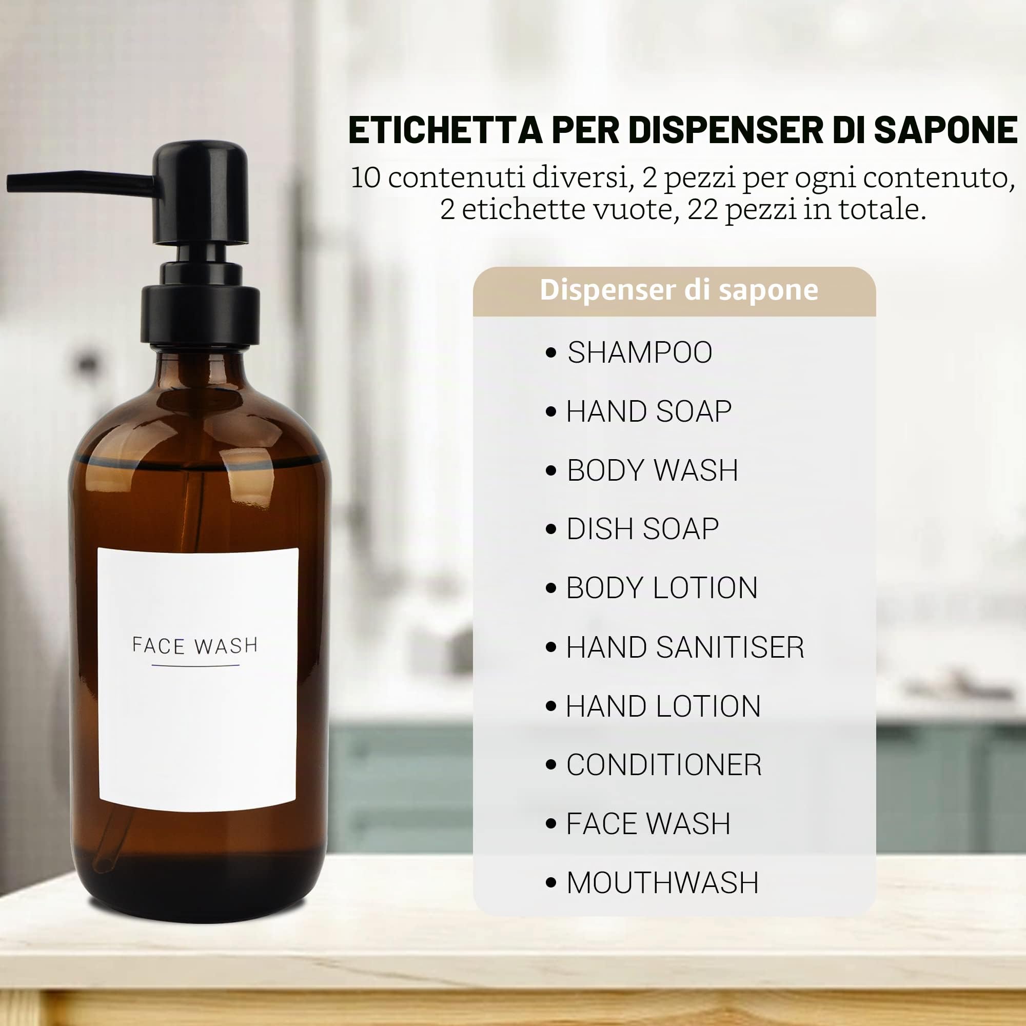 Set di 3 dispenser di sapone in vetro ambrato da 500 ml, con 22 etichette bianche, contenitore per bottiglie di liquido da bagno con pompa nera