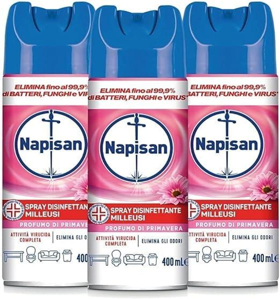 Napisan Spray Disinfettante Milleusi, Disinfettante Spray per Tessuti e Superfici, Fragranza Profumo Di Primavera, Confezione da 3 Spray da 400ml