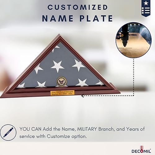 Miniatura 8 de DECOMIL Exhibidor de bandera de veteranos estadounidenses de 5 x 9, madera maciza, acabado cereza, base pequeña, montaje en pared, placa de nombre