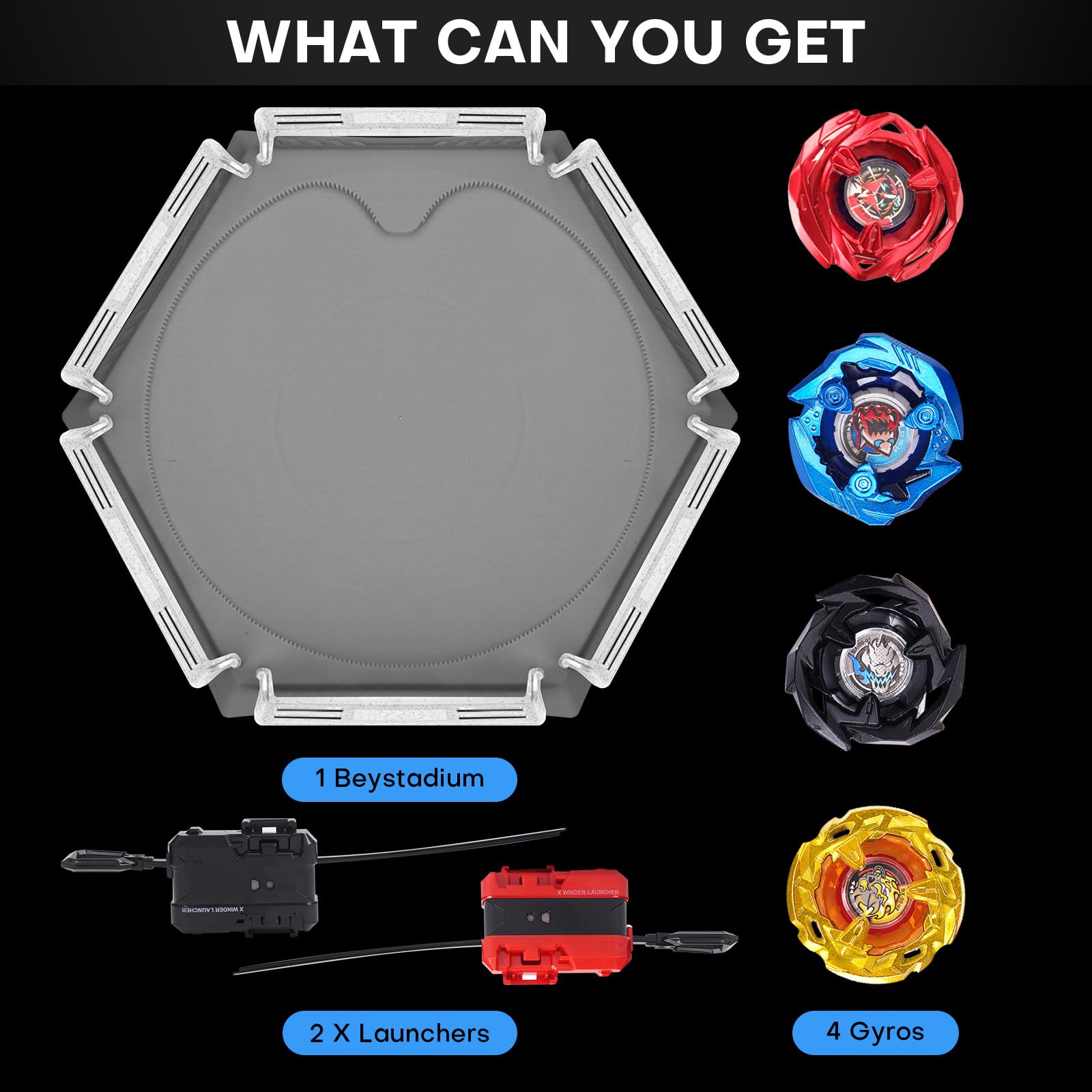 Gyro X - Juego de batalla para estadios, 4 tapas giratorias, 2 lanzadores y arena con riel de aceleración X, juguetes para niños, ideales para regalo de cumpleaños para niños, 6 años en adelante (gris 3