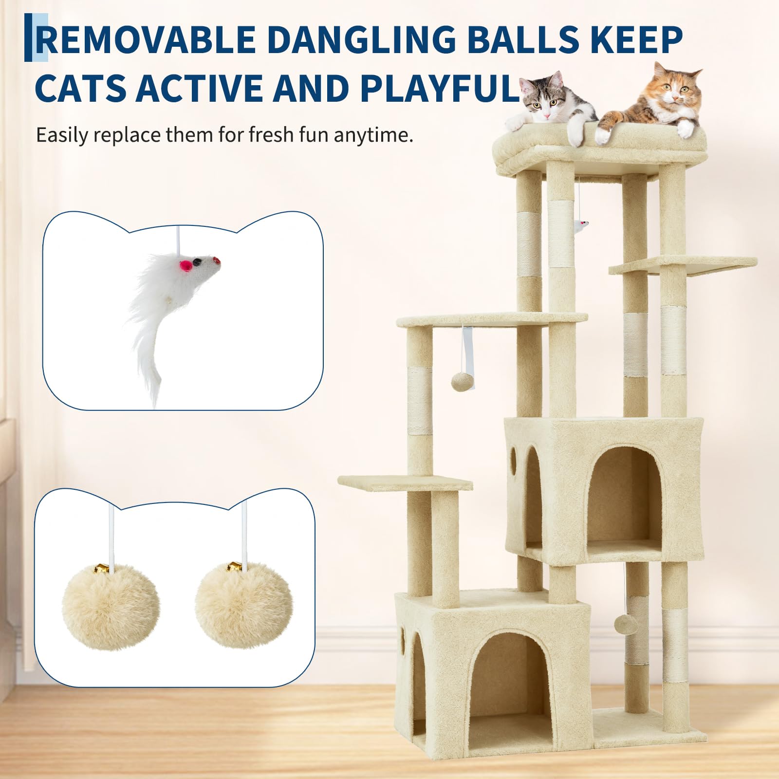 Albero Tiragraffi per Gatti, 72x45x156cm, Torre Multi-livello con Piattaforma Extra-large, Condomini Spaziosi, Pali Robusti in Sisal Naturale, Area Giochi per Maine Coon - Beige