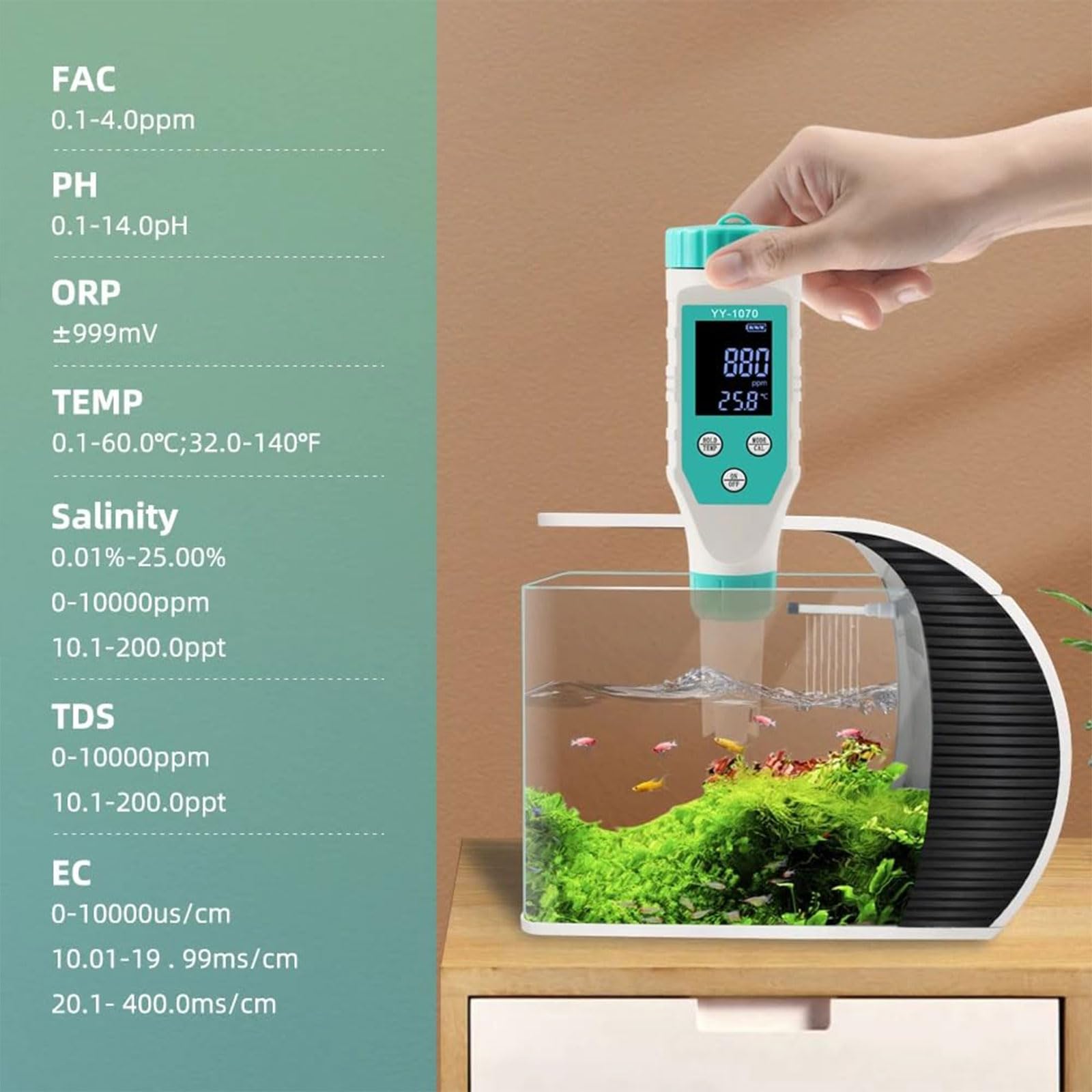 Inteligentny Miernik Ph, Tester Zasolenia Basenu z PH/Wolnym Chlorem/ORP/EC/TDS/Solą/Temperaturą, Cyfrowy Tester Zasolenia 7 W 1 Do Akwariów Morskich, Basenów, Wanien Z Hydromasażem, Spa