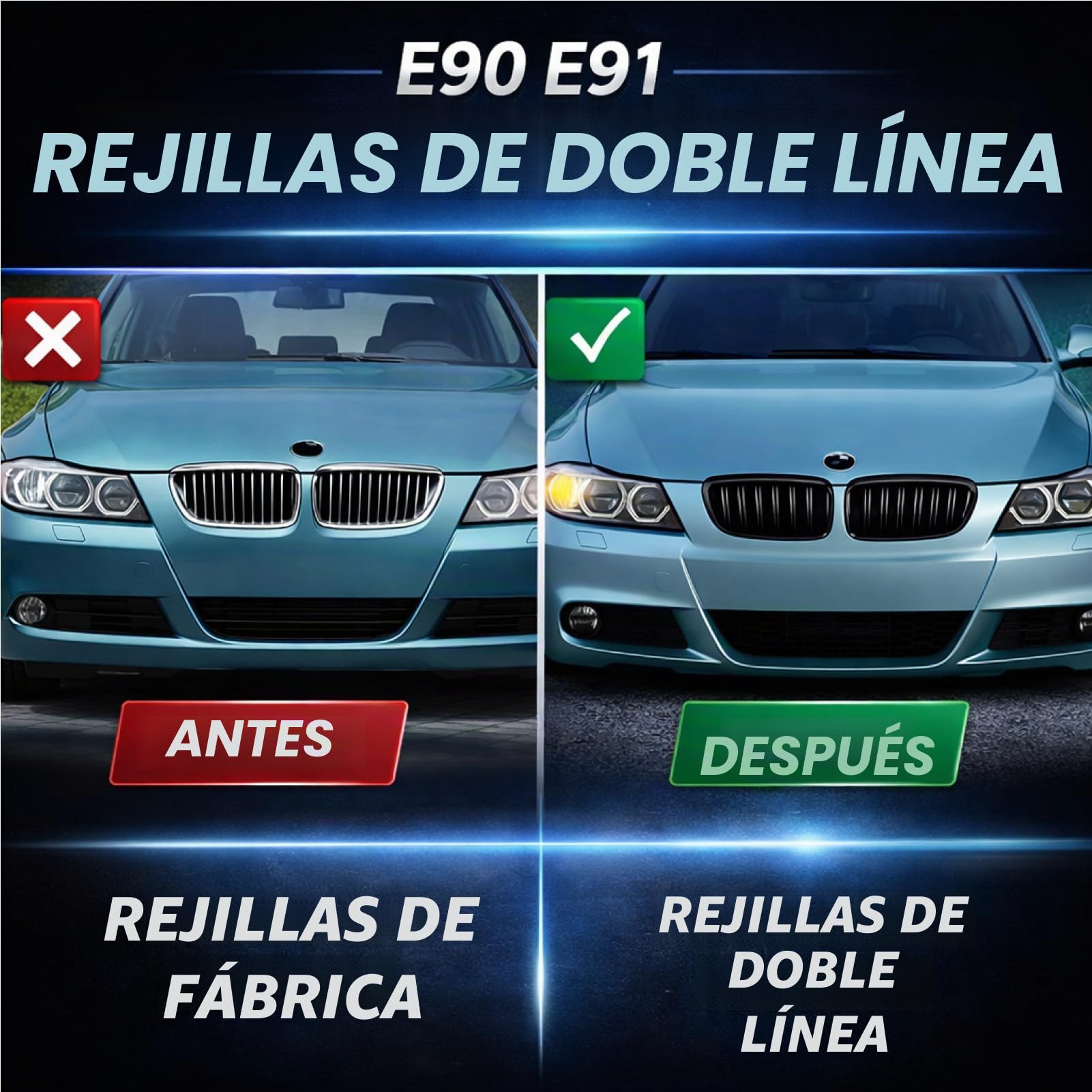 E90 E91 Rejilla Parrilla Delantera Frontal Abs Negro Brillante Doble Barra Para 2005-2008 2005 2006 2007 2008, Rejilla Radiador Parachoques Para (E90 E91 2005-2008)