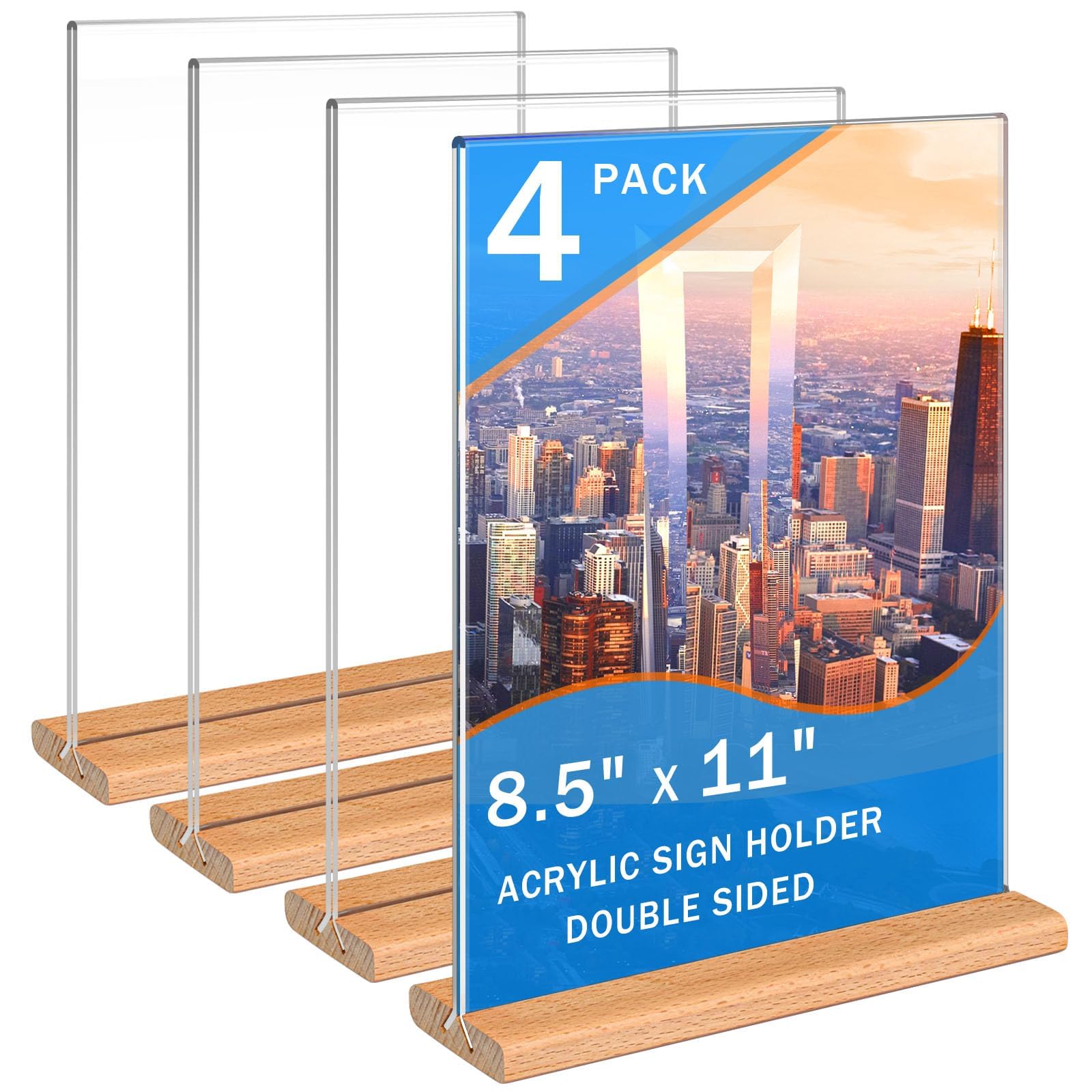 Kersally Acrylic Sign Holder 8.5 x 11, 4 Pack Double-Sided Clear Vertical Table Display Stands with Wood Base,Acrylic Frame Menu Flyer Paper Holder