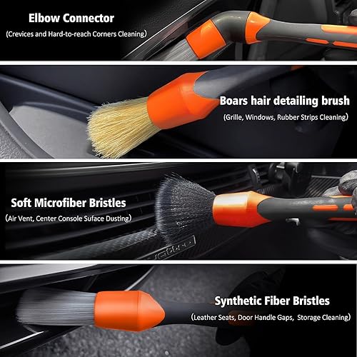 Vista 19 de YeewayVeh Juego de 3 cepillos para detalles de automóvil, pelo de jabalí, cerdas suaves y afiladas, conexión de codo, naranja Naranja
