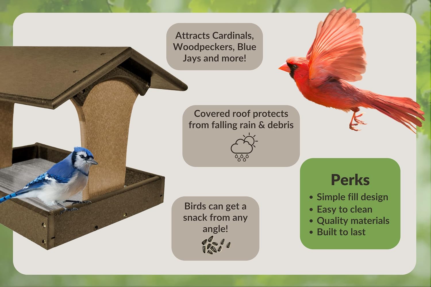 DutchCrafters Fly by Plastic Poly Post Mount Bird Feeder with Covered Roof for Wild Birds - Durable, All Weather Birdfeeder Tray for Outdoors (Tudor Brown & Weathered Wood)