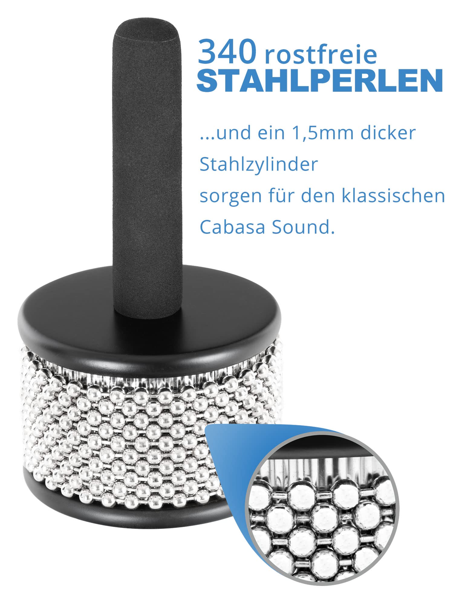 XDrum CB1-BK Cabasa Medium, Diamètre: 10 cm, 10 chaînes de 34 perles | Instrument de rythme et d'effet classique en érable, Taille moyenne, Peut être frotté ou secoué, Poignée rembourrée en érable
