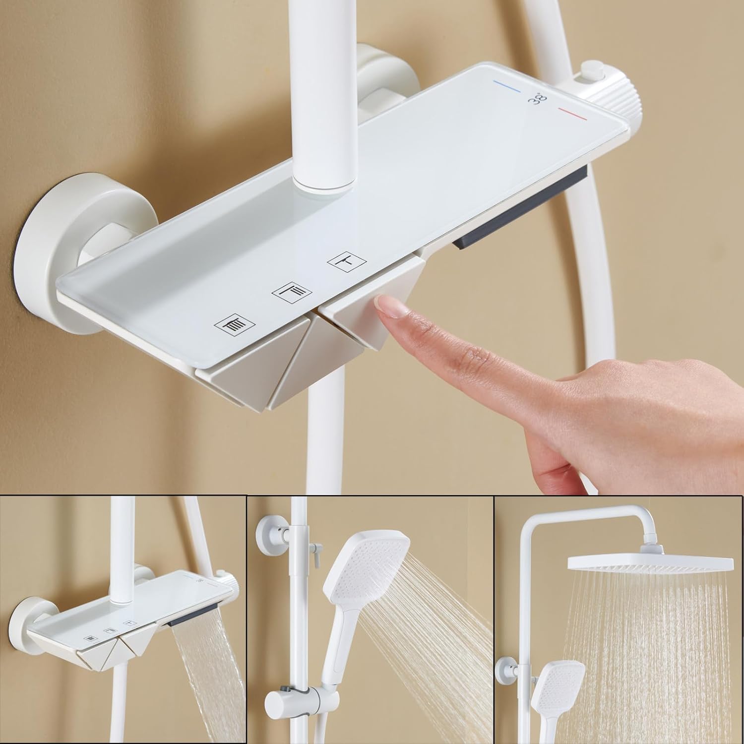Thermostatic Shower System, White Bathroom Shower Faucet Set Complete 3 Functions Shower Fixtures Wall Mounted Shower Kit with Valve and Rain Shower Head, Handheld Shower Head, Tub