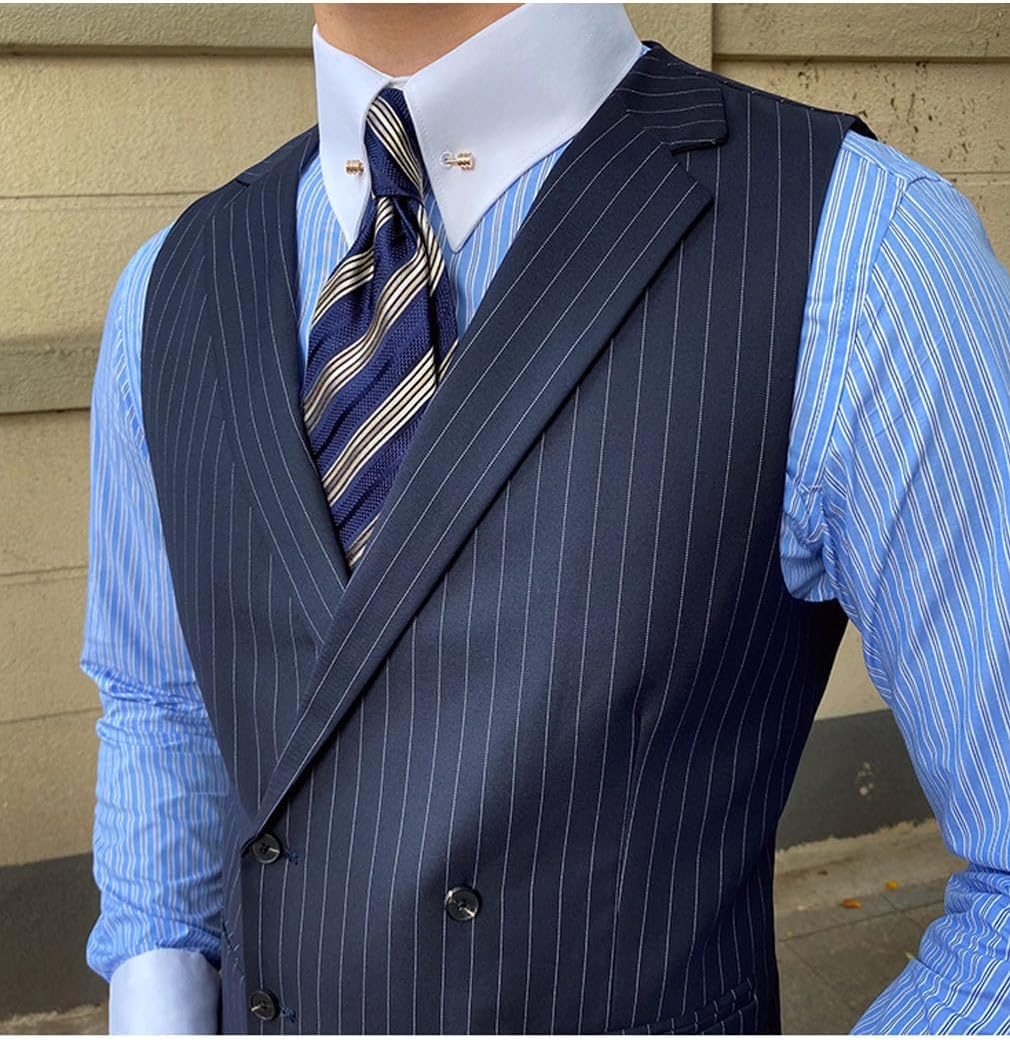 Men's Pinstripe Suit Double Breasted Vest Pants 2 Piece Set Lightweight Slim Fit Casual Formal