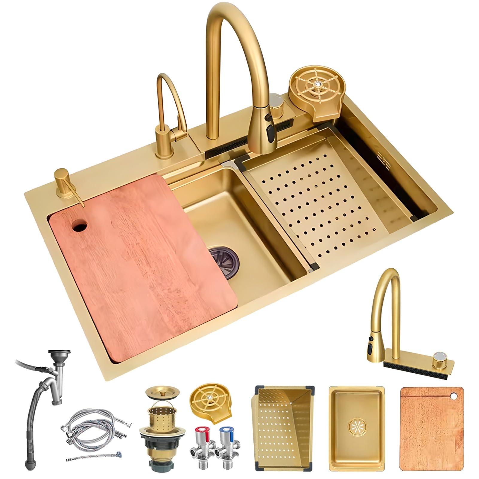 ZQFHSX Black Stainless Steel Waterfall Workstation Sink - Multifunctional Top-Mount Bar with Pull-Out Faucet Nano Coating Siphon Overflow & Drain Set (Gold #1A)