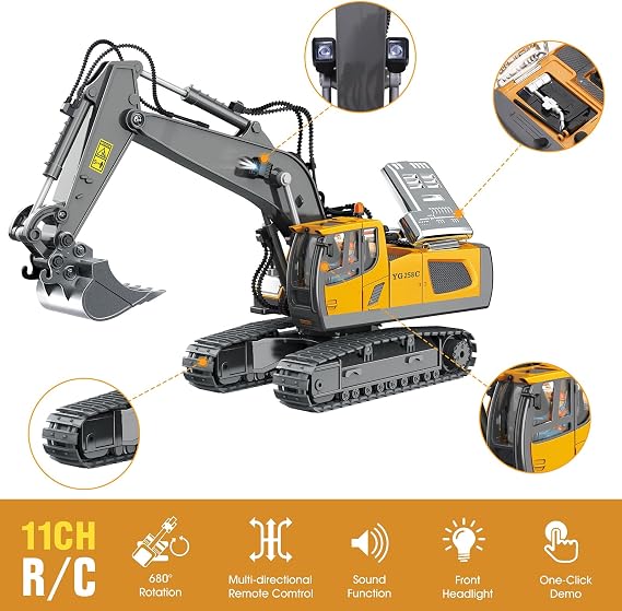 Remote Control Excavator for Kids, 11 Channel Remote Control Excavator, 2.4 GHz RC Excavator with Metal Shovel, 680° Rotation, Light and Sound Effects, One Click Demo, For Boys 4-12 Years Old