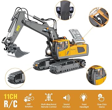 Remote Control Excavator for Kids, 11 Channel Remote Control Excavator, 2.4 GHz RC Excavator with Metal Shovel, 680° Rotation, Light and Sound Effects, One Click Demo, For Boys 4-12 Years Old