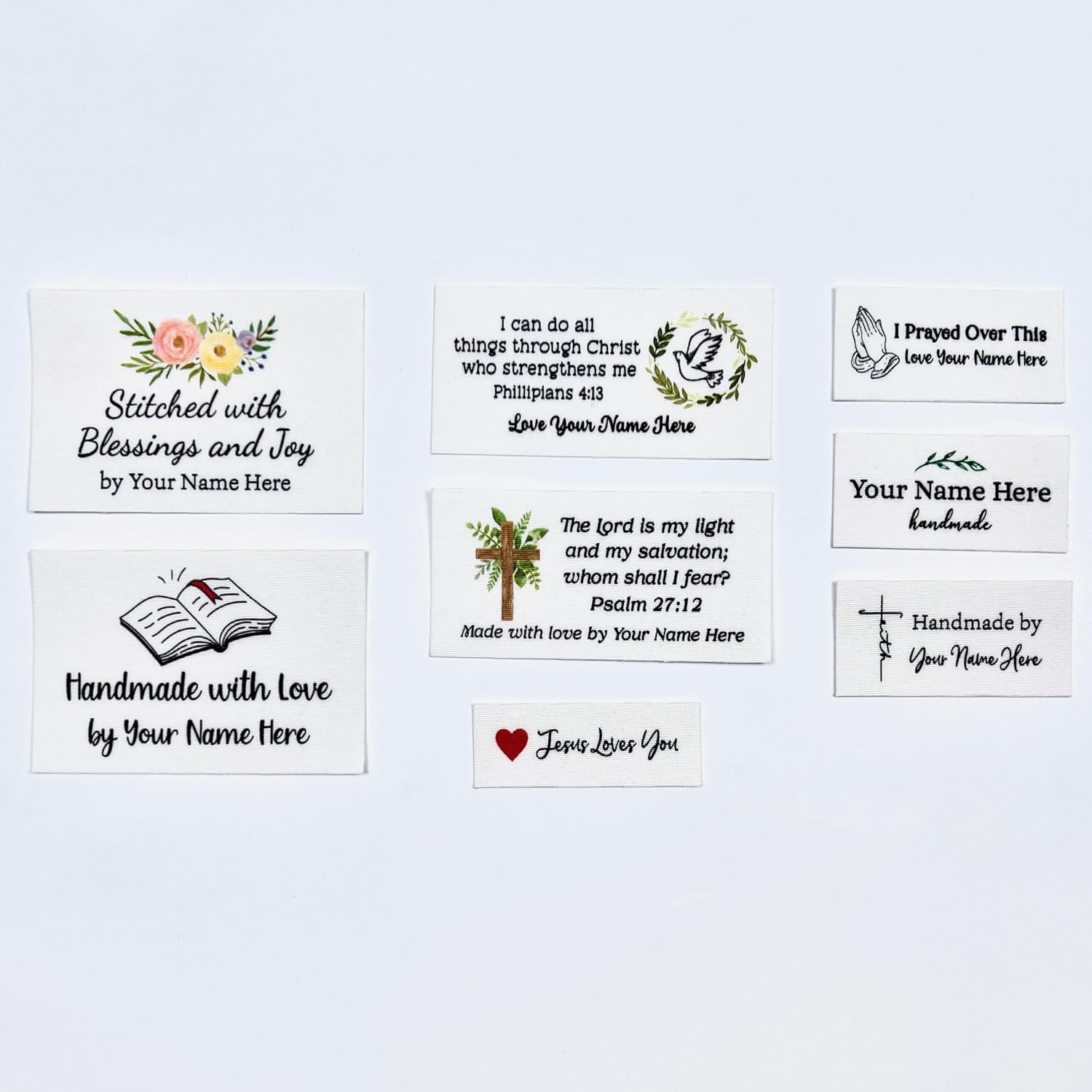 Mixed Sewing Label Pack, Custom Fabric Labels for Handmade Items – Personalized Tags for Quilts, Sewing, Crochet – Sew On or Iron On – Small Business Branding Tags (Christian Faith)