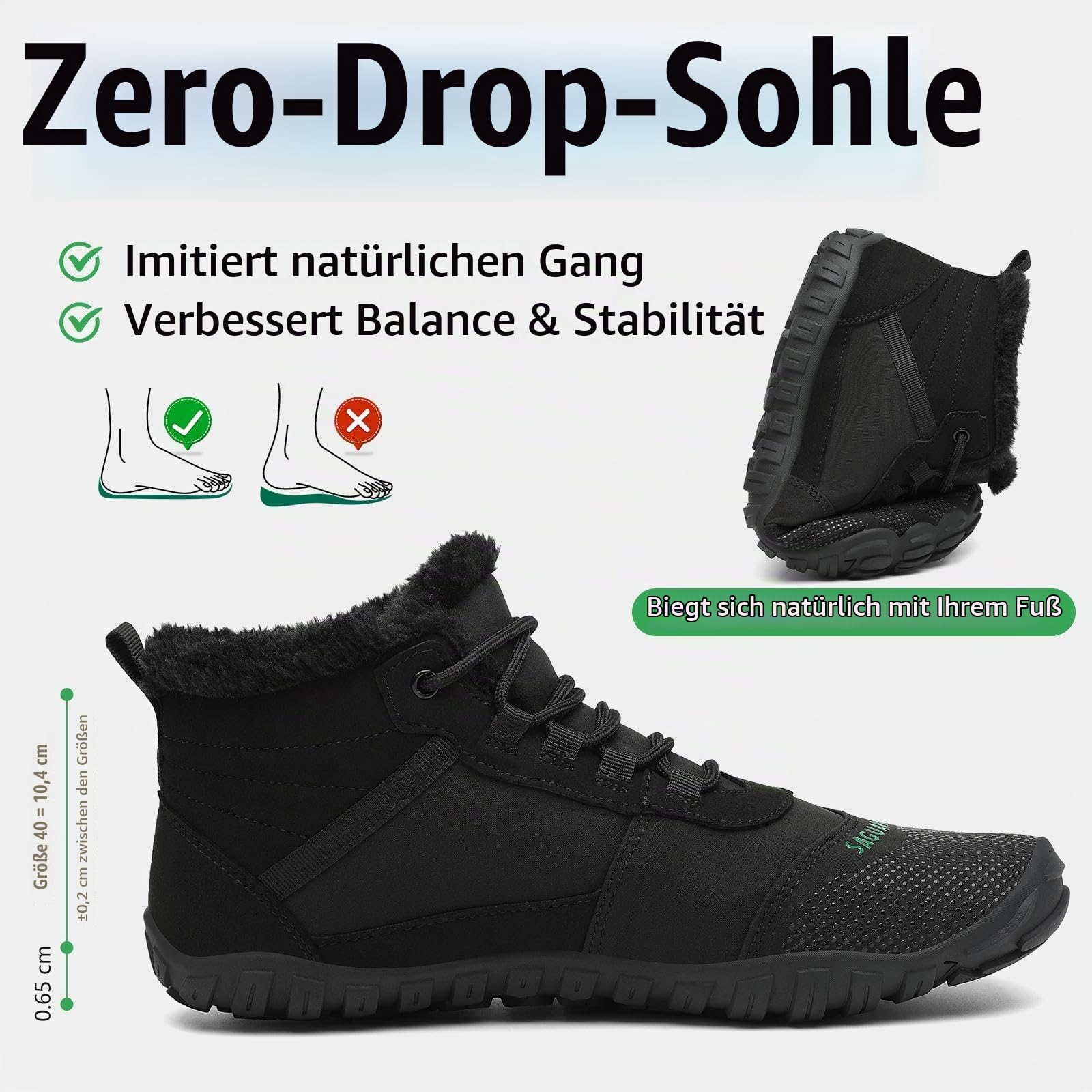 SAGUARO Winter Barfußschuhe Unisex - Warm Gefüttert, Breite Zehenbox, Zero-Drop-Sohle für Winterspaziergänge & Leichte Wanderungen, Gr.36-48