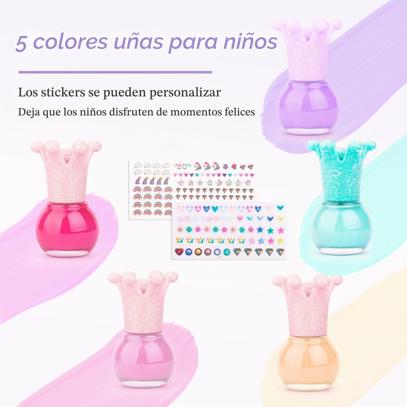 Juego de Esmalte de Uñas Pelables para Niñas – 5 x 5ml Colores con Purpurina, Secado Rápido, a Base de Agua + 2 Hojas de Pegatinas – Kit de Regalo Infantil