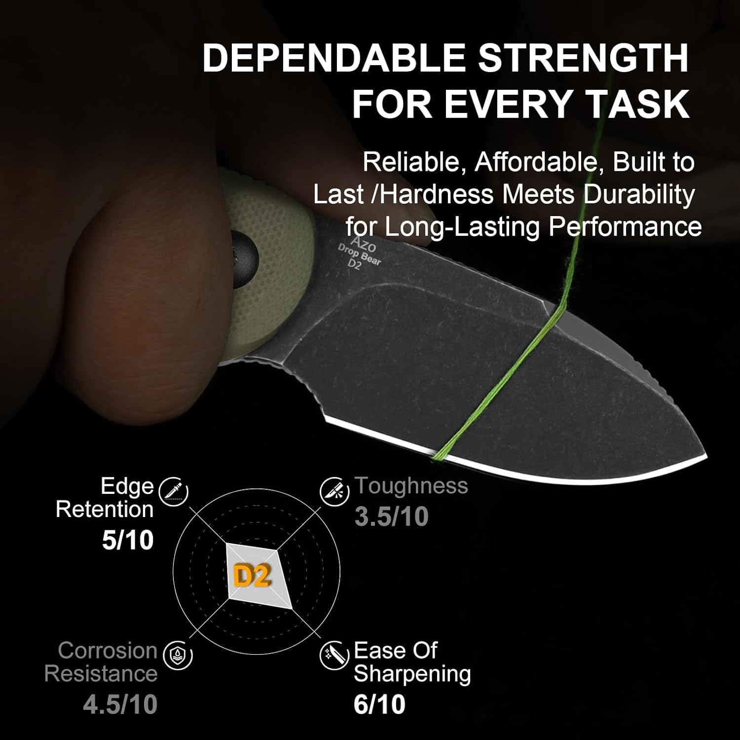 Kizer Drop Bear Fixed Blade Knife, 2.57" Black Stonewash D2 Blade EDC Camping Knife with Olive Green G10 Handle & Hidden Tool, Full Tang Hunting Survival Knives with Adjustable Kydex Sheath, 1094M1 - Image 6