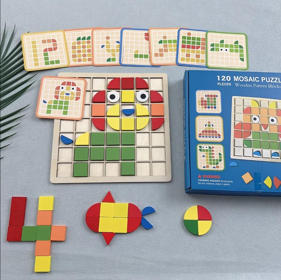 Image of Mosaic Puzzle Board for Preschool Kids Toys| 120 Pieces acrelic+ Wooden Puzzle Game for Kids Brain Development Toys | Wooden Board Puzzle Toy for kids3+Years