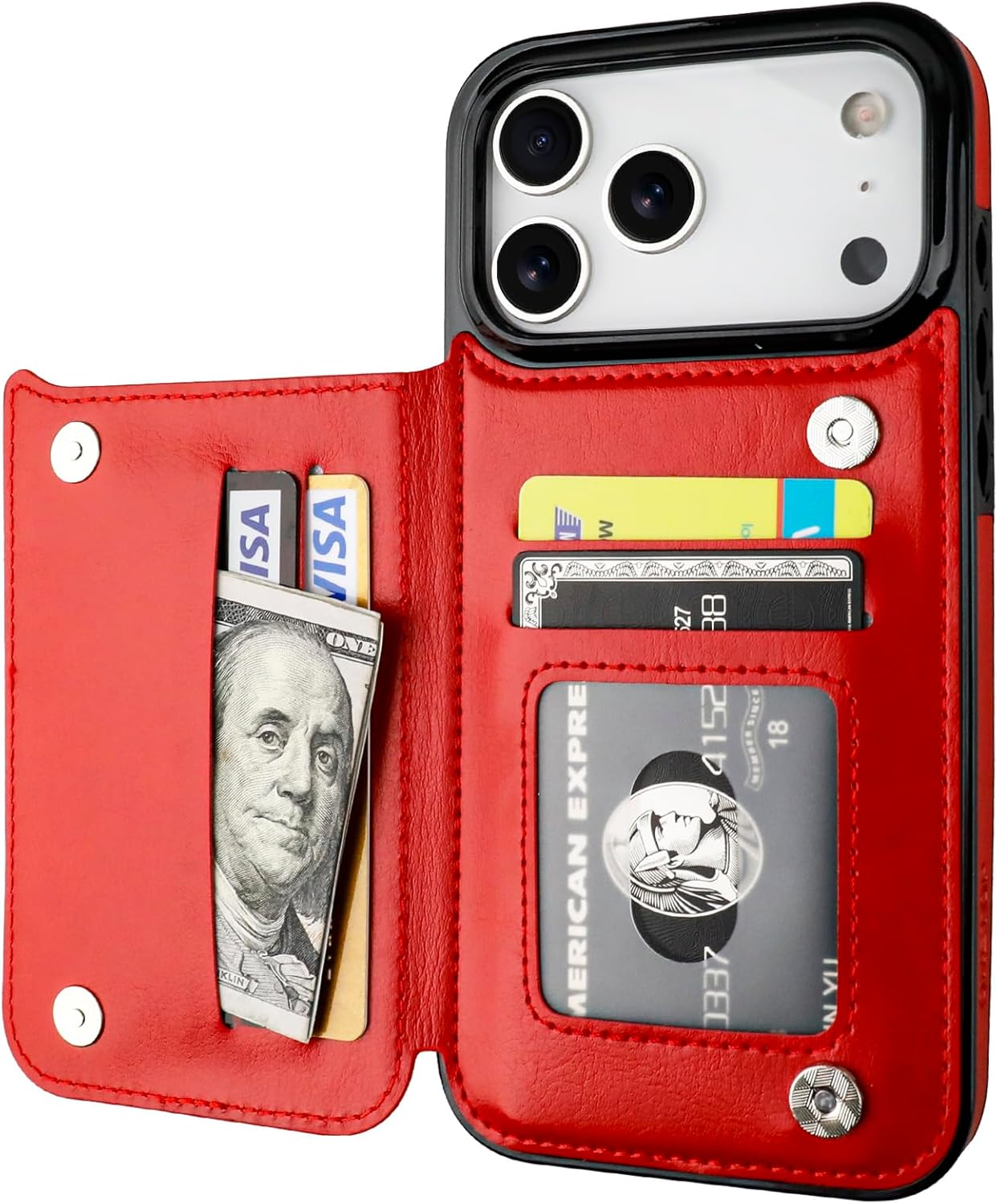 ONETOP Compatible with iPhone 17 Pro Max Wallet Case with Card Holder, PU Leather Kickstand Card Slots Case, Double Magnetic Clasp and Durable Shockproof Cover 6.9 Inch (Red)
