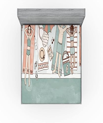 Miniatura 3 de Ambesonne Summer Fitted Sheet, People Sunbathing by The Pool Swimming Beach Holiday Relax Hipster Graphic, Comfy Bed Cover with All-Round Elastic