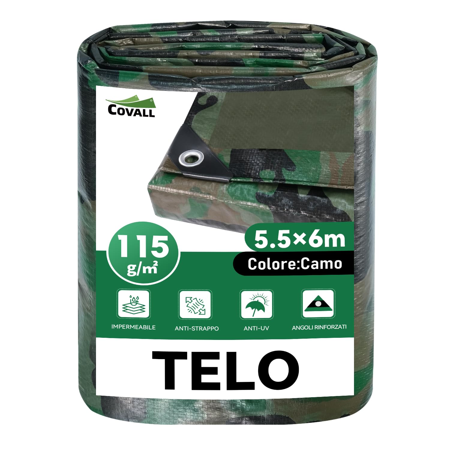 Telone Impermeabile Esterno Mimetico 5,5x6m 115g/mq – HDPE Rinforzato con Occhielli Anti-UV, Telo Copritutto Antipioggia e Antivento per Piscina, Auto, Giardino, Campeggio, Caccia