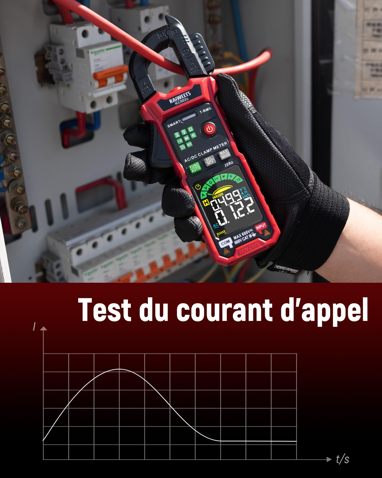 KAIWEETS Pince ampèremétrique 600 A TRMS, pince de mesure numérique avec mesure automatique, 6000 points, courant et tension CA/CC, NCV, courant d'appel, résistance, capacité, température, test de