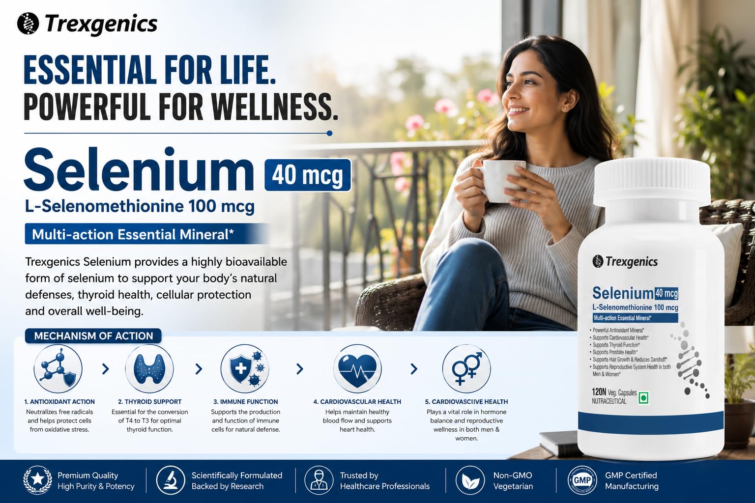 Trexgenics SELENIUM 40 mcg from L-Selenomethionine Pharmaceutical USP grade Chelated Multi-Action Antioxidant for Thyroid, Cardiovascular, Prostate, Hair Growth Support (120 Veg. Capsules) 3