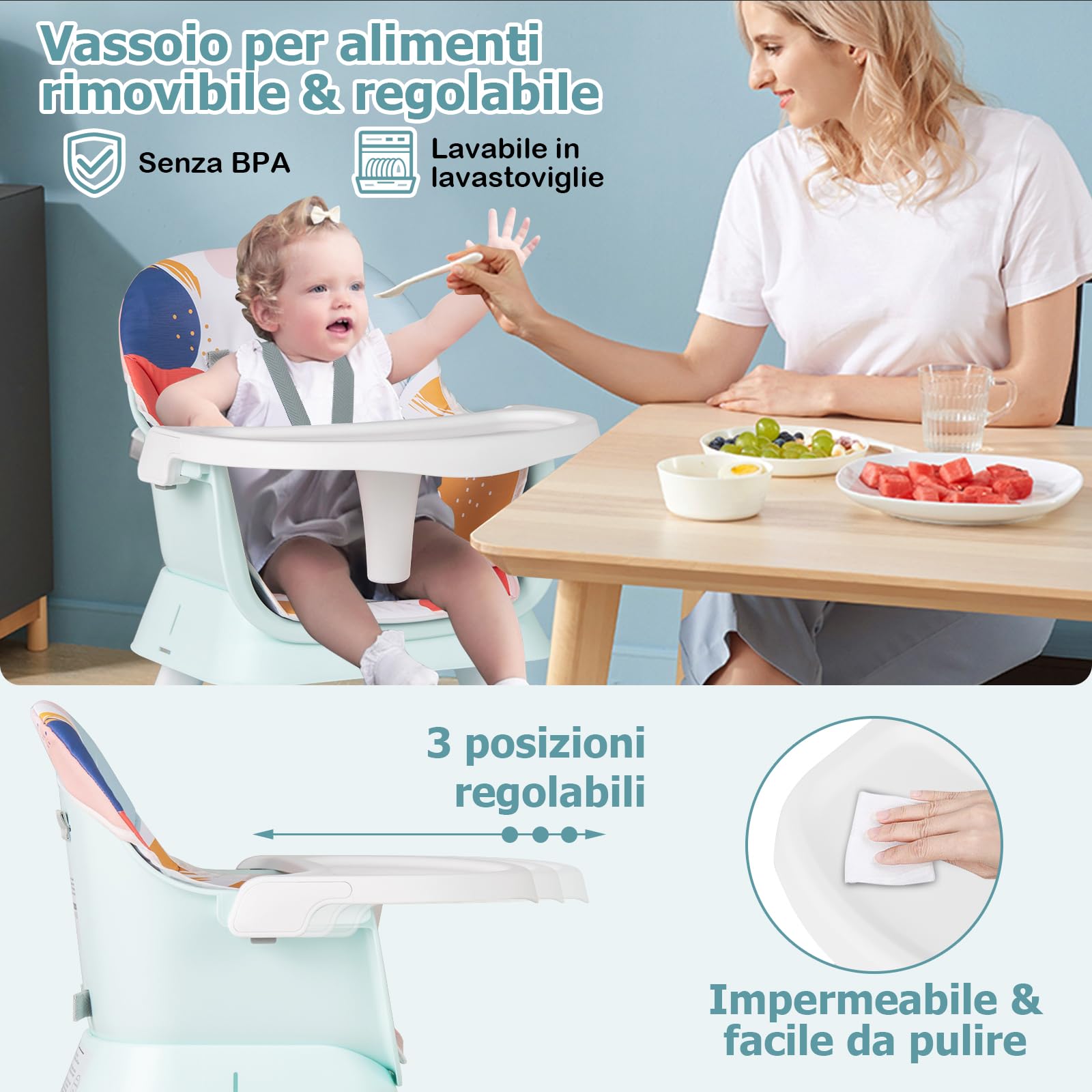 RELAX4LIFE 6 en 1 Trona Bebé con Arnes de 5 Puntos y Cojín Desmontables, Tronas de Bebe Portátil con Bandeja Ajustable y Extraíble, Mesa y Silla Infantil para Niños 6+ Meses, Carga 25kg (Turquesa)