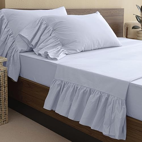 Miniatura 9 de QSH Juego de sábanas 100% algodón con volantes, tamaño Queen, color azul claro, juego de sábanas con volantes franceses, 4 piezas, extra suaves,