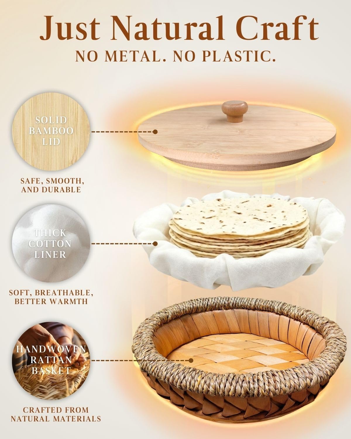 Rattan Weaving Tortilla Warmer Basket with Wooden Cover, 9.6" x 3.15" Natural Tortilla Holder with Cotton Liner, Handmade Basket for Tortillas, Roti, Pancake & Flatbread (Classic Brown)