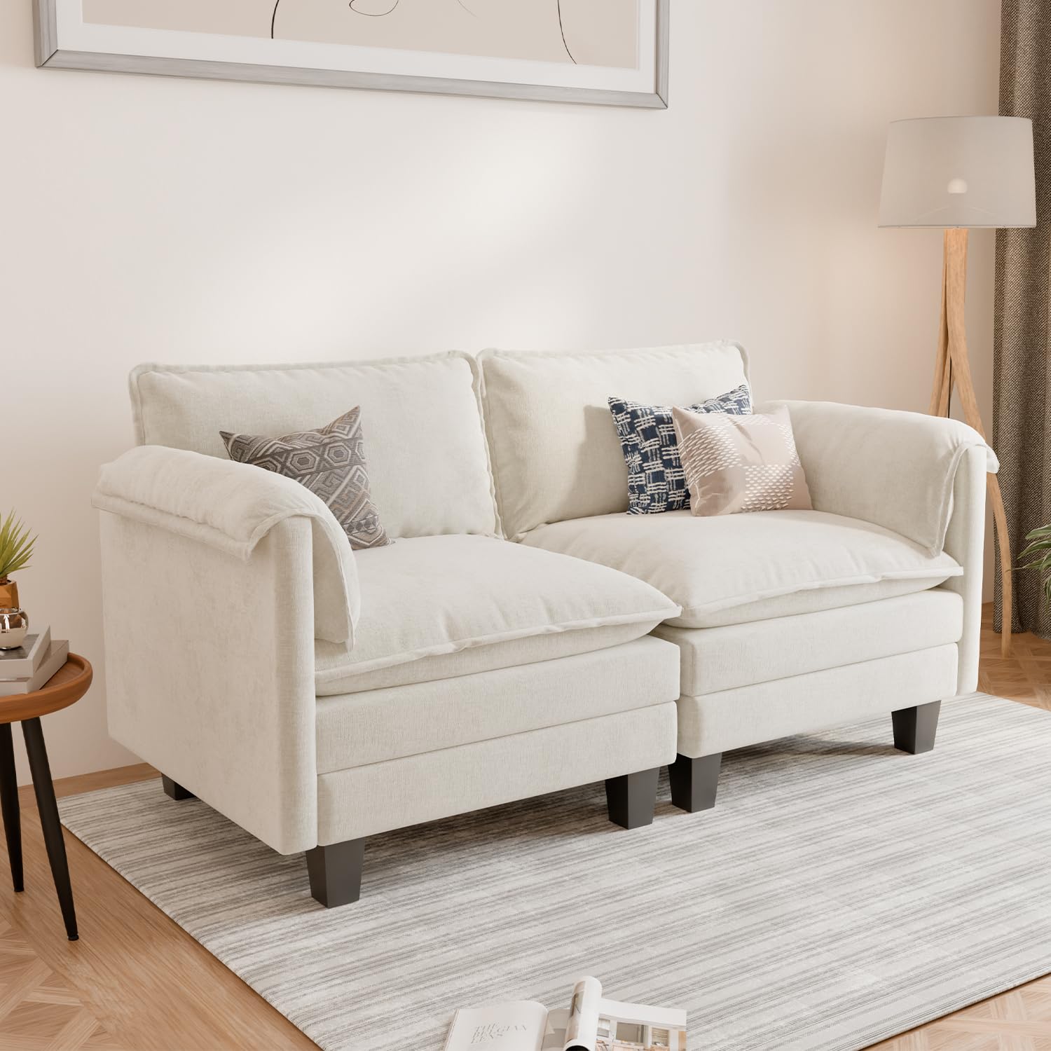 ELUCHANG Sofá Nube Modular 256cm con 2 Pufs, Sofá en Forma de U de 3 Plazas, Asiento Profundo 62cm, Montaje sin Herramientas, Sofá de Chenilla para Salón, Beige